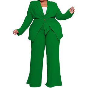IyMoo Plus Size Suits for Women Business Open Front Long Sleeve Blazer Elastic Waist Solid Straight Leg Pant Set Suits