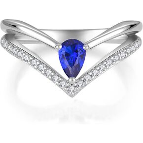Stackable Double V Rings for Women 925 Sterling Silver 3A Cubic Zirconia Waterdrop September Birthstone Sapphire Engagement Wedding Brand Eternity Rings Jewelry Gifts