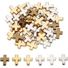 60Pcs 15mm Cross Spacer Beads 6 Colors Alloy Golden Silvery Crucifix Cross Charm Big Hole Tibetan Cross Holy Charm Beads for DIY Rosary Bracelet Necklace Jewelry Making,Hole 2mm