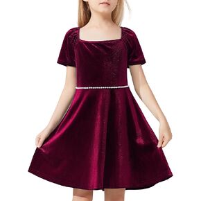 UOTORI Toddler Girl Fall Velvet Dress Square Neck Peal Swing Twirl Party Short Sleeve Dresses Winter Outfit for Girl