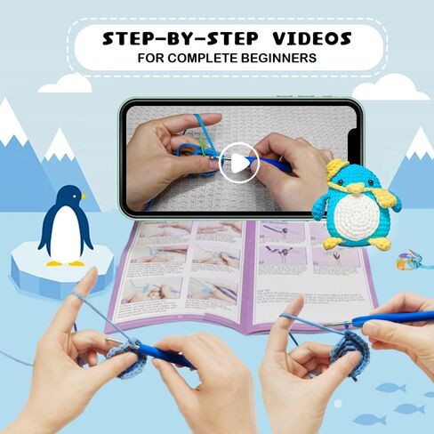 Auoinge Crochet Kit for Beginners, Cute Penguin Crochet Stater Kit with Step-by-Step Video Tutorials for Adults Kids Crochet Animals Knitting Kit with Enough Yarn in Saudi Arabia