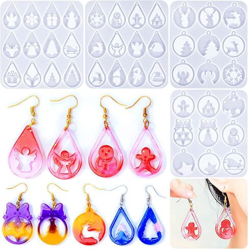 Szecl 4 قطع عيد الميلاد حلق قالب السيليكون مع ثقب قطرة الماء شكل دائري شجرة عيد الميلاد الثلج الأيائل ندفة الثلج قلادة قالب الصب سانتا كلوز هدية صندوق عيد الميلاد جرس المفاتيح الايبوكسي الراتنج قالب DIY الحرفية in Kuwait