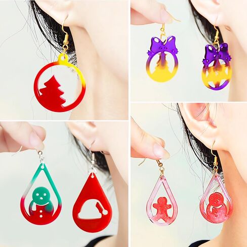 Szecl 4 قطع عيد الميلاد حلق قالب السيليكون مع ثقب قطرة الماء شكل دائري شجرة عيد الميلاد الثلج الأيائل ندفة الثلج قلادة قالب الصب سانتا كلوز هدية صندوق عيد الميلاد جرس المفاتيح الايبوكسي الراتنج قالب DIY الحرفية in Kuwait