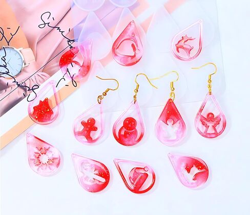 Szecl 4 قطع عيد الميلاد حلق قالب السيليكون مع ثقب قطرة الماء شكل دائري شجرة عيد الميلاد الثلج الأيائل ندفة الثلج قلادة قالب الصب سانتا كلوز هدية صندوق عيد الميلاد جرس المفاتيح الايبوكسي الراتنج قالب DIY الحرفية in Kuwait