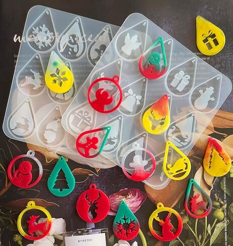 Szecl 4 قطع عيد الميلاد حلق قالب السيليكون مع ثقب قطرة الماء شكل دائري شجرة عيد الميلاد الثلج الأيائل ندفة الثلج قلادة قالب الصب سانتا كلوز هدية صندوق عيد الميلاد جرس المفاتيح الايبوكسي الراتنج قالب DIY الحرفية in Kuwait