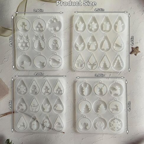 Szecl 4 قطع عيد الميلاد حلق قالب السيليكون مع ثقب قطرة الماء شكل دائري شجرة عيد الميلاد الثلج الأيائل ندفة الثلج قلادة قالب الصب سانتا كلوز هدية صندوق عيد الميلاد جرس المفاتيح الايبوكسي الراتنج قالب DIY الحرفية in Kuwait