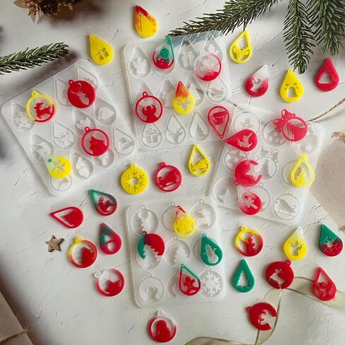 Szecl 4 قطع عيد الميلاد حلق قالب السيليكون مع ثقب قطرة الماء شكل دائري شجرة عيد الميلاد الثلج الأيائل ندفة الثلج قلادة قالب الصب سانتا كلوز هدية صندوق عيد الميلاد جرس المفاتيح الايبوكسي الراتنج قالب DIY الحرفية in Kuwait