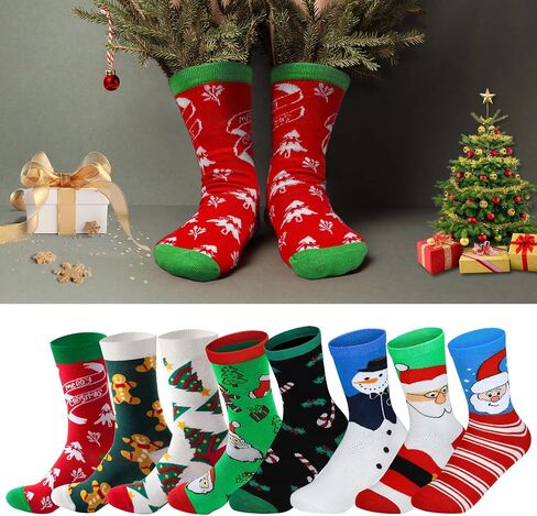 Matcheck Christmas Socks for Women/Men, 8 Pairs Bulk Xmas Pattern Soft Winter Socks Novelty Cotton Crew Holiday Gifts in Saudi Arabia
