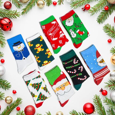Matcheck Christmas Socks for Women/Men, 8 Pairs Bulk Xmas Pattern Soft Winter Socks Novelty Cotton Crew Holiday Gifts in Saudi Arabia