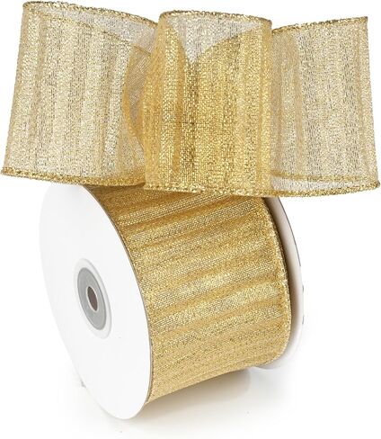 Champagne Gold Wired Ribbon with Gold Center Stripe 2.5" X 10 Yards Champagne Gold Metallic Christmas Ribbon Wired for Tree Decoration, Wreaths& Garlands, Crafts Projects, Home Decor in Kuwait