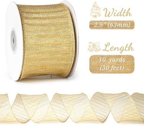 Champagne Gold Wired Ribbon with Gold Center Stripe 2.5" X 10 Yards Champagne Gold Metallic Christmas Ribbon Wired for Tree Decoration, Wreaths& Garlands, Crafts Projects, Home Decor in Kuwait