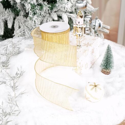Champagne Gold Wired Ribbon with Gold Center Stripe 2.5" X 10 Yards Champagne Gold Metallic Christmas Ribbon Wired for Tree Decoration, Wreaths& Garlands, Crafts Projects, Home Decor in Kuwait