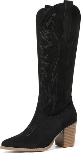 AOSPHIRAYLIAN Cowboy Boots for Women Pointed Toe Knee High Cowboy Boots Women Wide Calf Cowgirl Western Embroidery Pull On Chunky Block High Heels Boot in Saudi Arabia