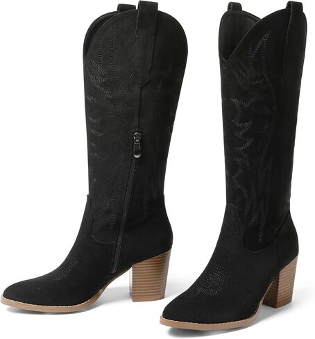 AOSPHIRAYLIAN Cowboy Boots for Women Pointed Toe Knee High Cowboy Boots Women Wide Calf Cowgirl Western Embroidery Pull On Chunky Block High Heels Boot in Saudi Arabia