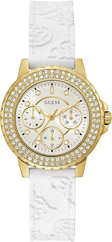 GUESS Ladies Sport Crystal Multifunction 36mm Watch – White Dial Gold-Tone Stainless Steel Case with White Silicone Strap in Kuwait