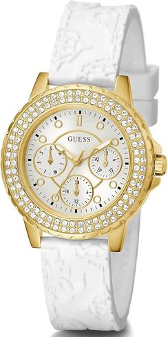 GUESS Ladies Sport Crystal Multifunction 36mm Watch – White Dial Gold-Tone Stainless Steel Case with White Silicone Strap in Kuwait