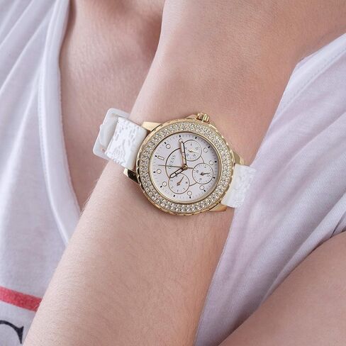 GUESS Ladies Sport Crystal Multifunction 36mm Watch – White Dial Gold-Tone Stainless Steel Case with White Silicone Strap in Kuwait
