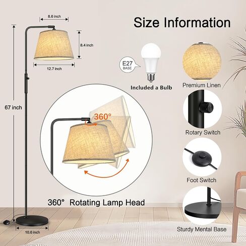 Floor Lamp with 3 Color Temperatures for Living Room Bedroom Office, Arc Modern Standing Lamp Tall Bright Corner Floor Lamp with Shade, Stepless Adjustable 3000K-6500K Colors, 9W LED Bulb in Saudi Arabia