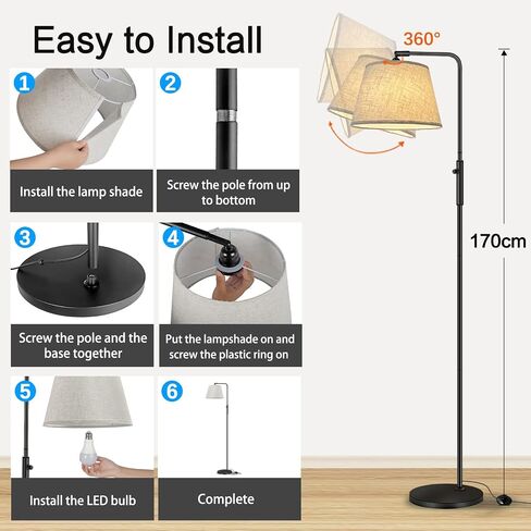 Floor Lamp with 3 Color Temperatures for Living Room Bedroom Office, Arc Modern Standing Lamp Tall Bright Corner Floor Lamp with Shade, Stepless Adjustable 3000K-6500K Colors, 9W LED Bulb in Saudi Arabia