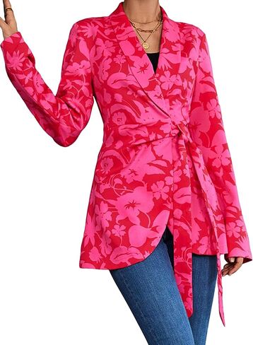 WDIRARA Women's Floral Print Shawl Collar Belted Long Sleeve Asymmetrical Hem Blazer in Kuwait
