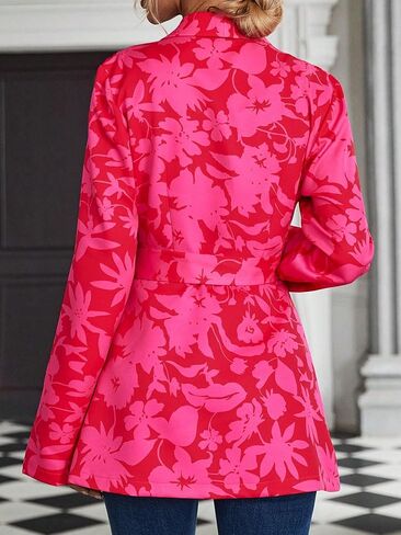 WDIRARA Women's Floral Print Shawl Collar Belted Long Sleeve Asymmetrical Hem Blazer in Kuwait