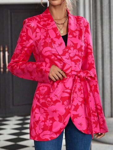 WDIRARA Women's Floral Print Shawl Collar Belted Long Sleeve Asymmetrical Hem Blazer in Kuwait
