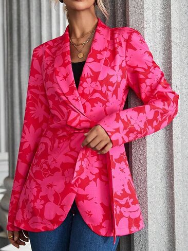 WDIRARA Women's Floral Print Shawl Collar Belted Long Sleeve Asymmetrical Hem Blazer in Kuwait