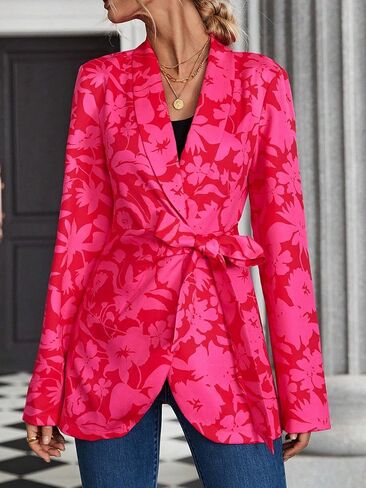 WDIRARA Women's Floral Print Shawl Collar Belted Long Sleeve Asymmetrical Hem Blazer in Kuwait