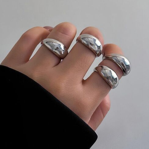 Chunky Gold Rings for Women Non Tarnish Gold Silver Stackable Ring Set Adjustable Open Dome Statement Ring Minimalist Thick Solid Ring Geometric Band Simple Rings Jewelry in Kuwait
