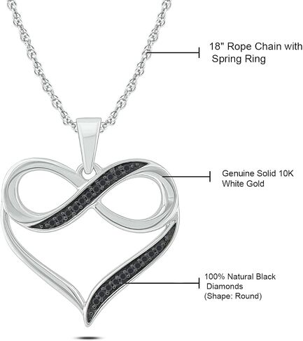1/20cttw Black or Champagne Diamond Infinity Heart Necklace for Women in 10k Rose or White Gold, Women's Infinity Heart Pendant with Diamond Accent, 18" Chain in Rose Gold or White Gold in Kuwait