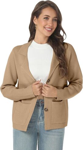 Women's Long Sleeve Sweater Blazer Notched Collar Casual Business Jacket Coat with Pockets for Work Office 2024 Fall Outwear in Saudi Arabia