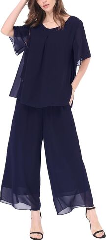 Women's Chiffon Summer 2 Piece Outfits Suit Blouse Top Capri Wide Leg Dress Casual Business Pants Sets in Saudi Arabia