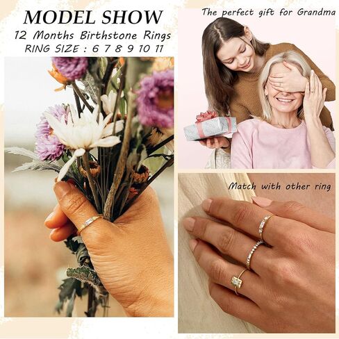 Birthstone Rings for Women Non Tarnish 14K Gold Plated Stackable Birthday Gifts for Mom Dainty Emerald Green Blue CZ Gemstone Ring for Mothers Daughter Bridesmaid Gifts Jewelry in Kuwait