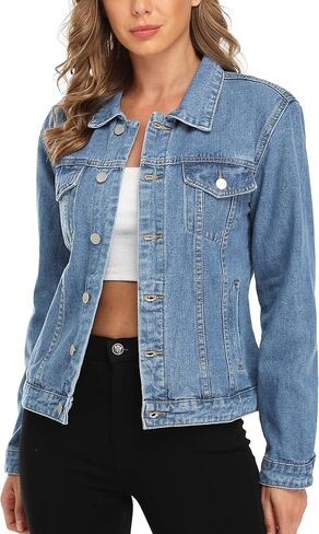 MISS MOLY Women's Denim Jacket Button Up Long Sleeve Basic Trendy Jean Jacket Coat with Pockets in Kuwait