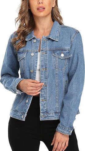 MISS MOLY Women's Denim Jacket Button Up Long Sleeve Basic Trendy Jean Jacket Coat with Pockets in Kuwait