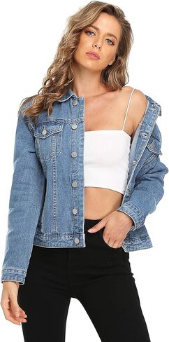 MISS MOLY Women's Denim Jacket Button Up Long Sleeve Basic Trendy Jean Jacket Coat with Pockets in Kuwait