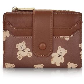 Cute Wallet for Women, Bear Print Zip Bifold Wallet with Front Card Slot, ID Window, Cash Slot, Short Women Wallet Elegant Youthful and Cute (Brown)