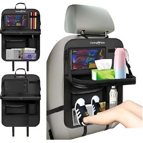 Back Seat Organizer with Foldable Tray & Large Pockets | Multi-Use Backseat Car Organizer, Seat Back Protector Kick Mats, Tablet Holder & Kids Road Trip Essentials (Black, 1PCS)