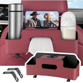 Car Seat Organizer with 2 Drink Cup Holders, Tissue Box, Phone Holder and Hook, Multi-Purpose Storage Bag for Cars, Great for Kids, Road Trips and Travel (Beige)