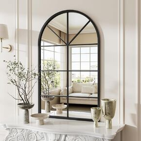 Arched Wall Mirror 24"x42" Window Mirrors for Wall Decor, Black Frame Window Pane Mirror, Arched Top Wall Mirror for Living Room,Bedroom, Entryway