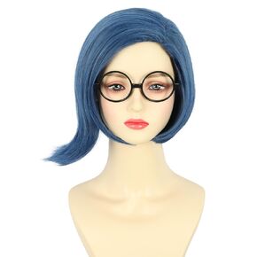 karlery Women Adult Short Blue Bob Wig with Glasses Halloween Cosplay Party Costume Wig