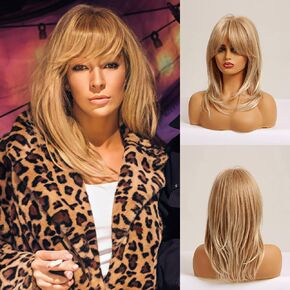 BERON Blonde Wig for Women Ombre Blonde Wig Shoulder Layered Blonde Wig with Bangs Synthetic Heat Resistant Halloween Daily Party Use