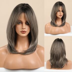 BERON Blonde Wig for Women Ombre Blonde Wig Shoulder Layered Blonde Wig with Bangs Synthetic Heat Resistant Halloween Daily Party Use