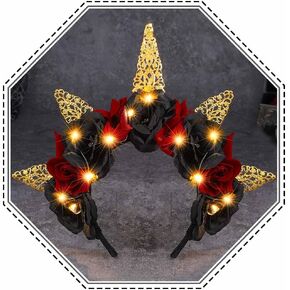 Kilshye Black Rose Flower Headband Light Up Gothic Halloween Headpiece Floral Day of the Dead Hair Band for Women