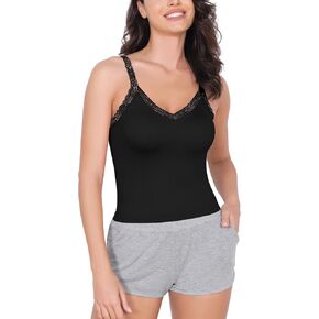 ODODOS Lace Trim Seamless Top for Women Ribbed Soft V Neck Cami Tank Tops