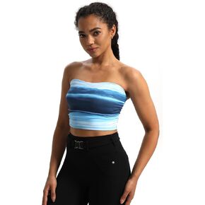 Women's Tie Dye Mesh Strapless Bandeau Tube Top Sleeveless Ruched Crop Tops