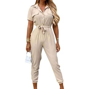 YMING Womens Lapel Collar Short Sleeve Jumpsuit Summer Casual Romper Plus Size Overalls with Belt in Saudi Arabia