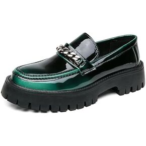 Men's Fashion Patent Leather Lug Sole Loafers,Round Toe Platform Comfort Slip On Dress Shoes