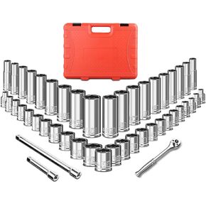 47-Piece 3/8" Drive Socket Wrench Set, Standard SAE (1/4-7/8 inch) & Metric (6-19mm), Shallow & Deep Sockets, Include Ratchet Wrench, Extension Bars