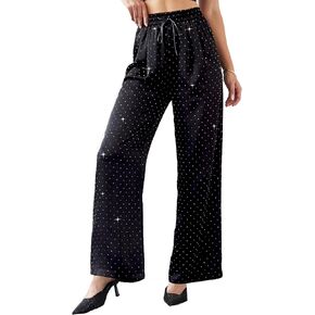 Women's Glitter Wide Leg Pants Satin Silky Sparkly Sequin Party Club Nightout Casual Slacks Pants